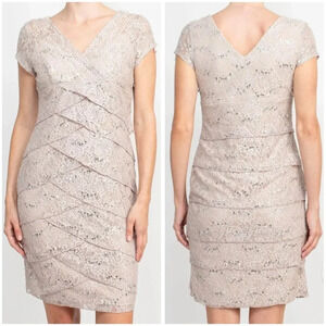 Scarlett Lace-Crafted Tiered Sheath Dress, Cream w/ Gold Sequins, EUC!